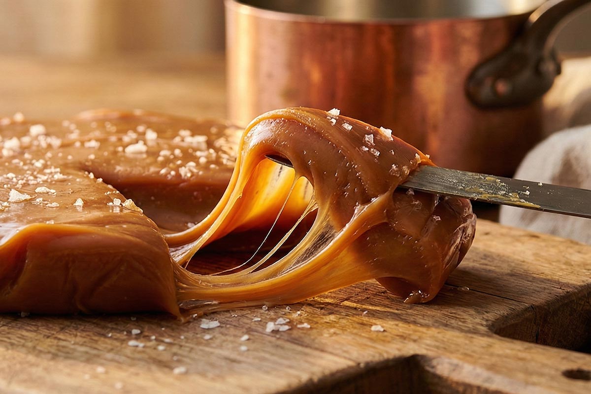 Stretchy chewy caramel showing perfect texture