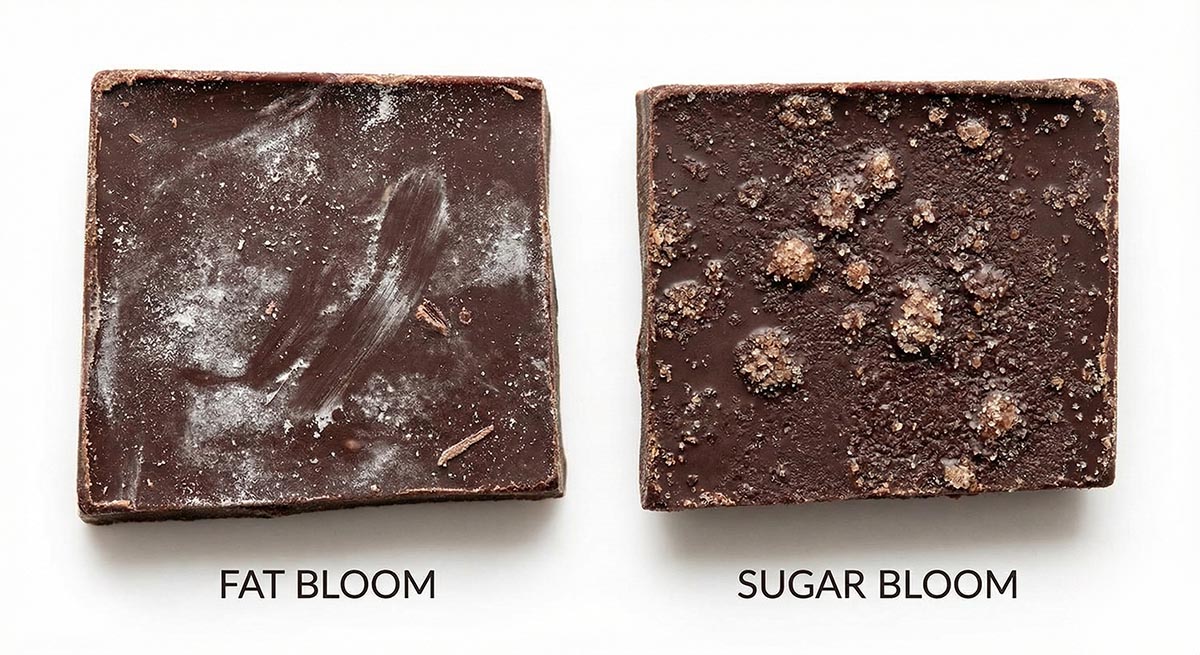 Chocolate showing fat bloom and sugar bloom comparison
