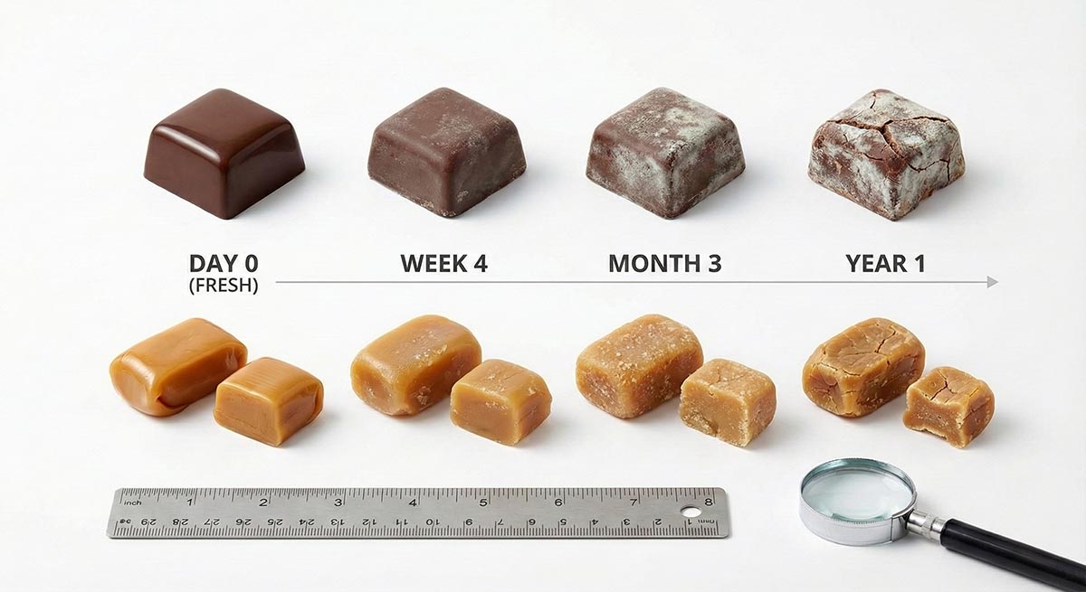 Various confectionery products showing aging stages