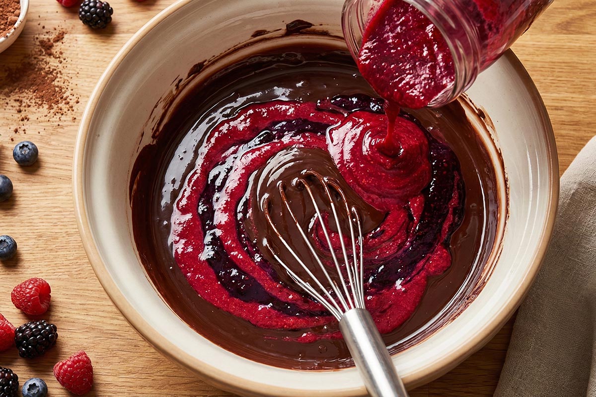 Fruit puree being incorporated into chocolate ganache