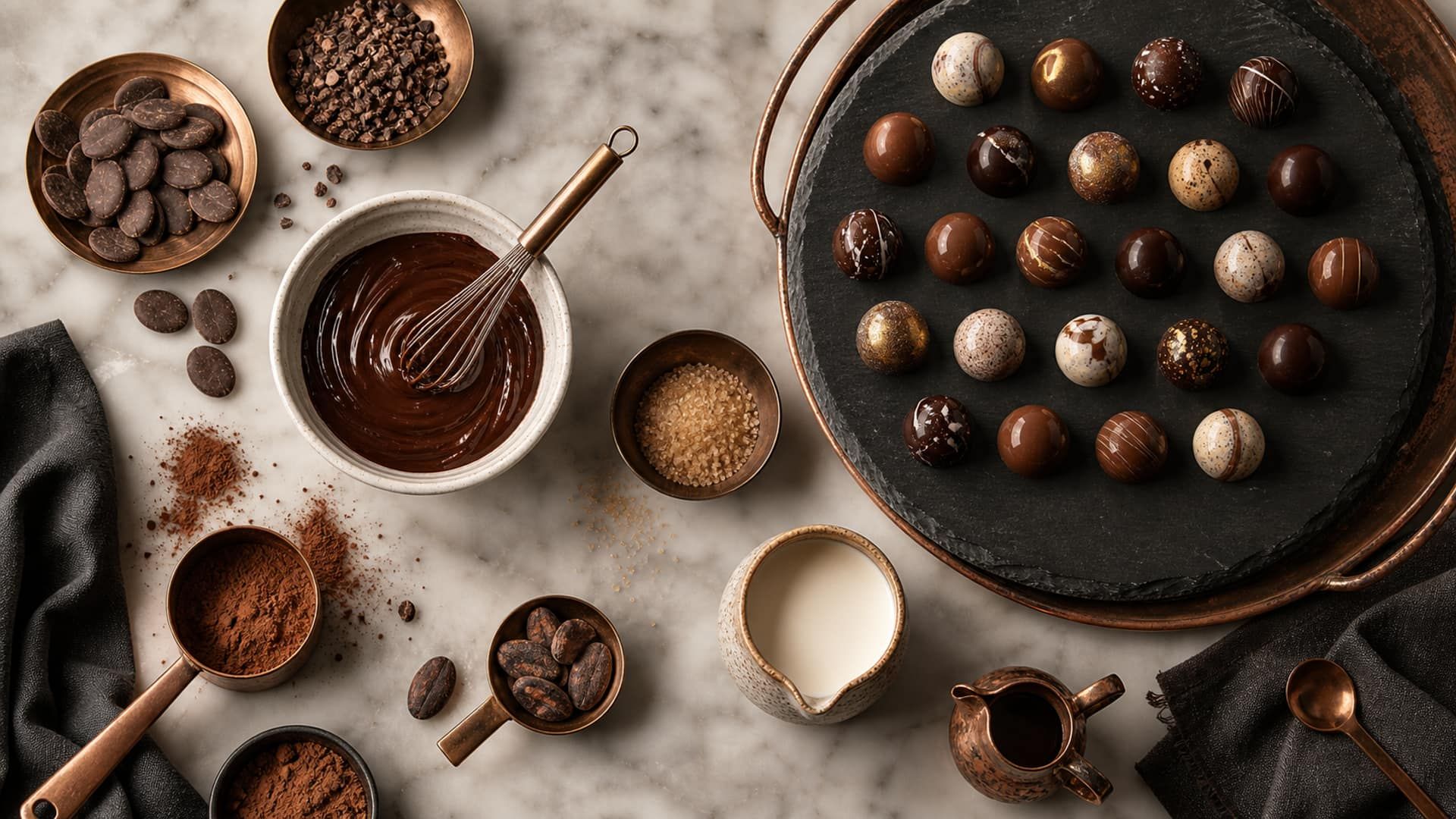 A small test bowl of ganache beside a larger tray of finished bonbons.