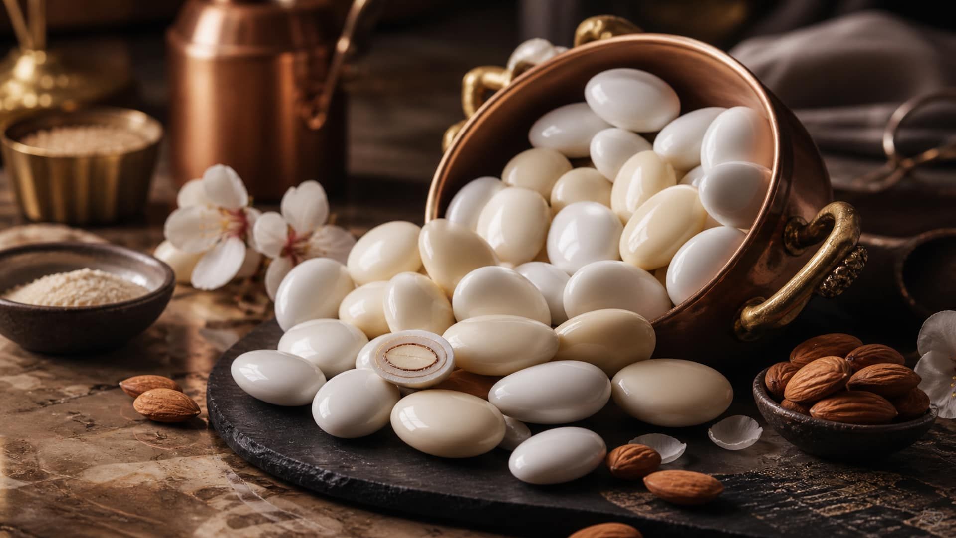 Glossy almond dragées, one halved to show concentric sugar-coating layers around the almond.