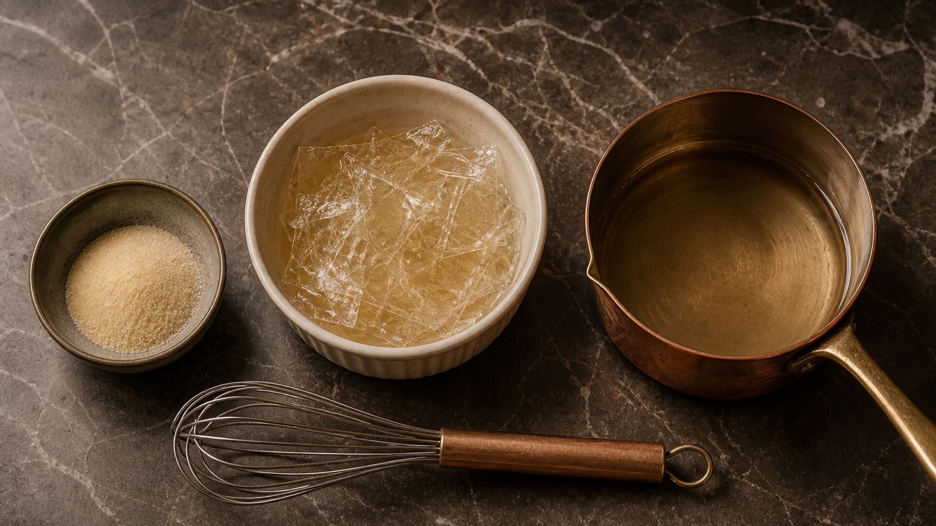 Bloomed gelatin, dry granules, and dissolved gelatin arranged with a saucepan and whisk.