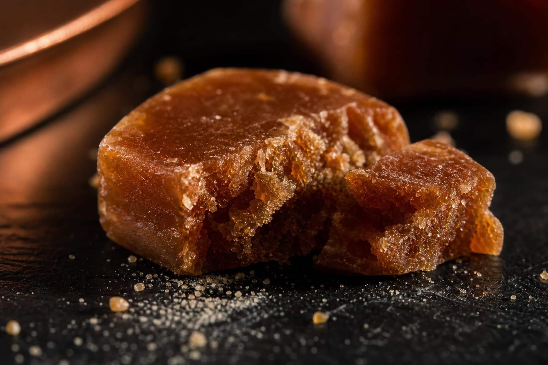 Grainy crystallized caramel fracturing to show a sandy sugar-crystal texture.