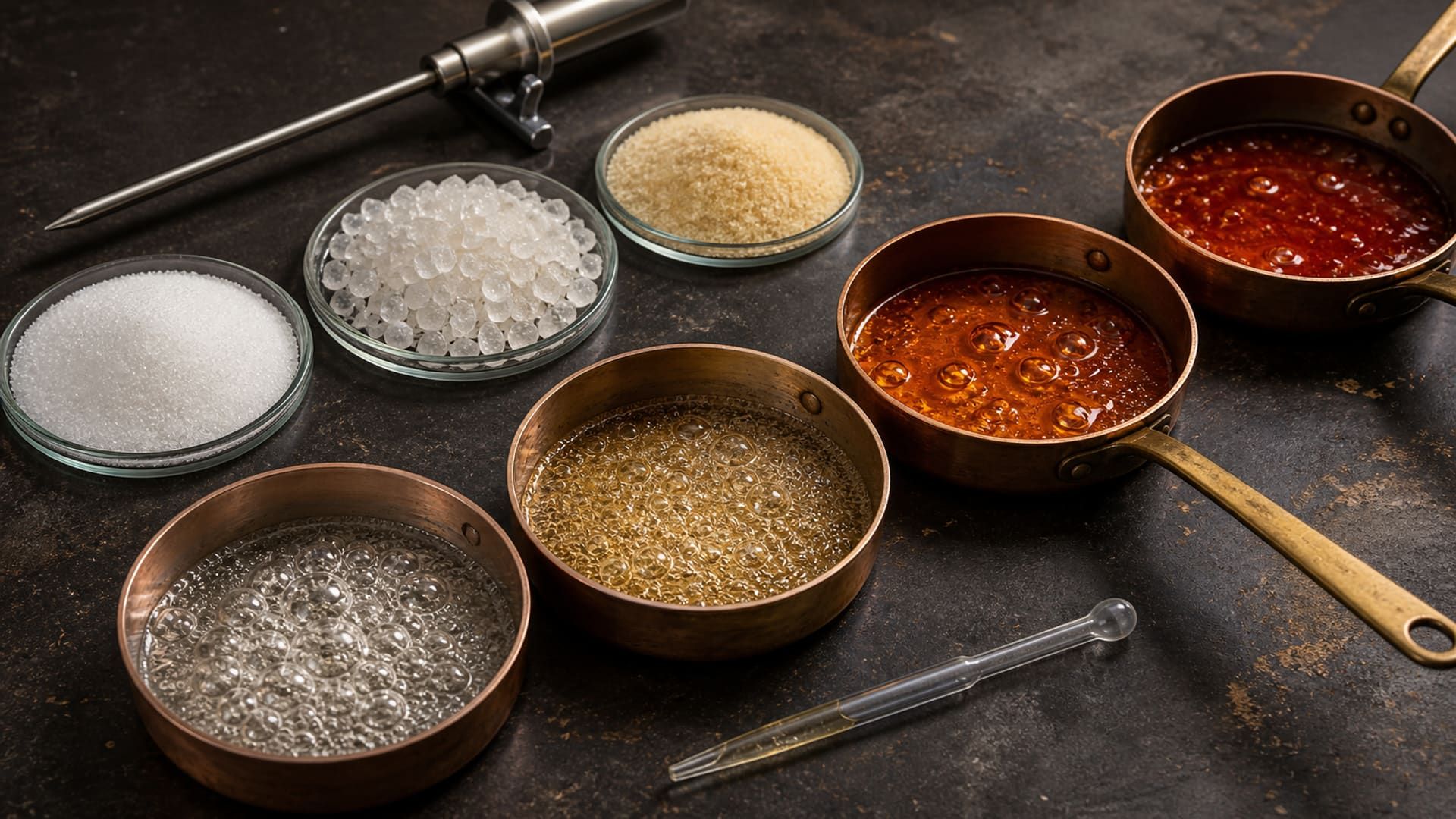 Sugar crystals progressing from white grains to an amber caramel melt under controlled heat.