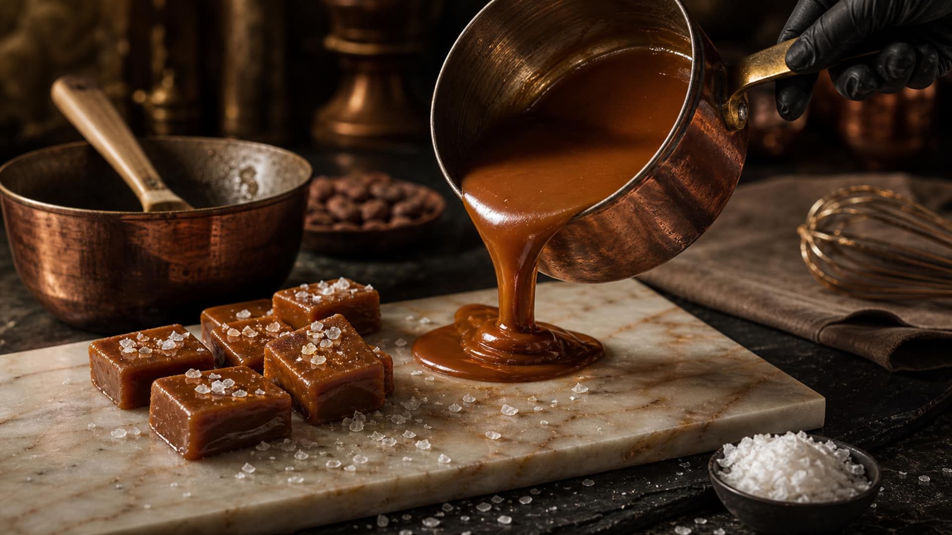 Amber salted caramel pouring from a copper pan beside caramels topped with sea salt.