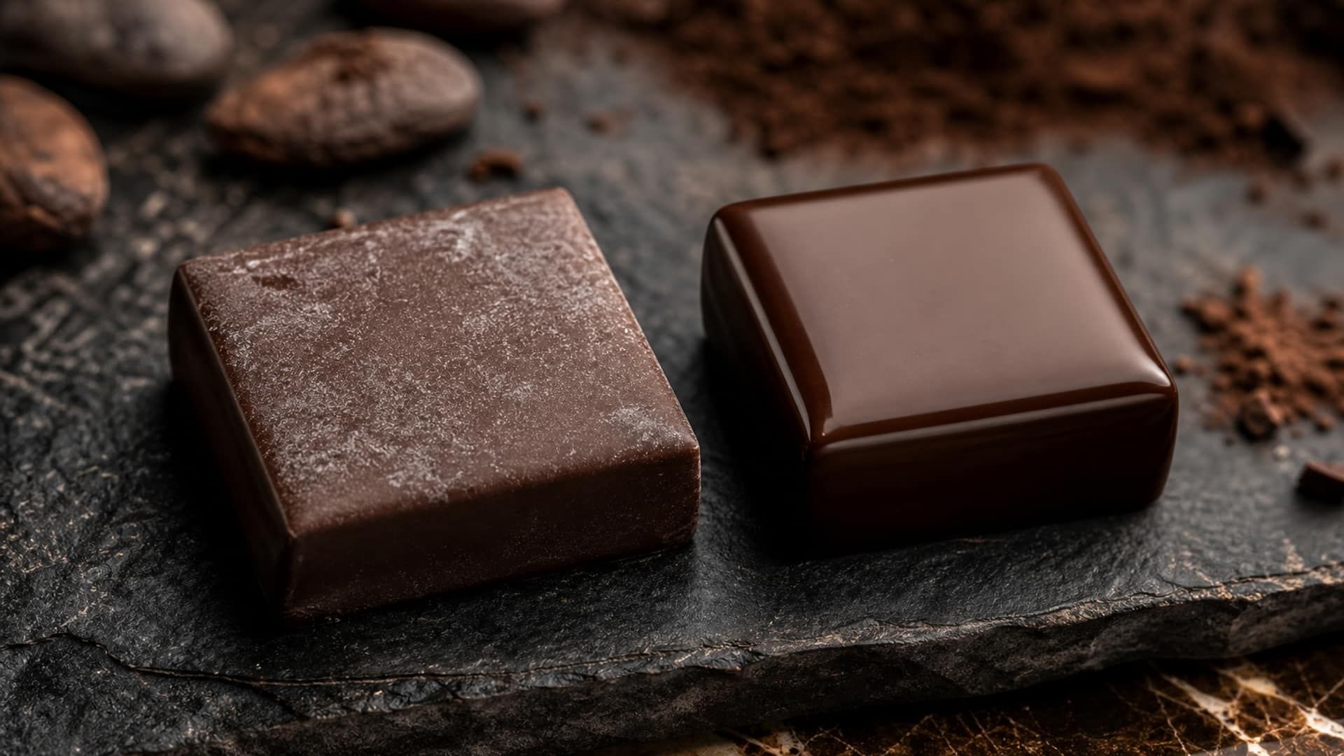 Chocolate showing fat bloom and sugar bloom comparison