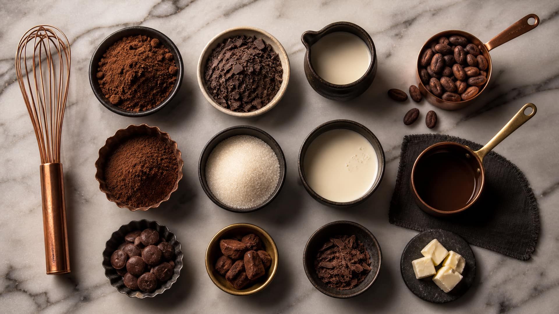 An organized mise-en-place of ingredient bowls arranged in a neat grid with a whisk.