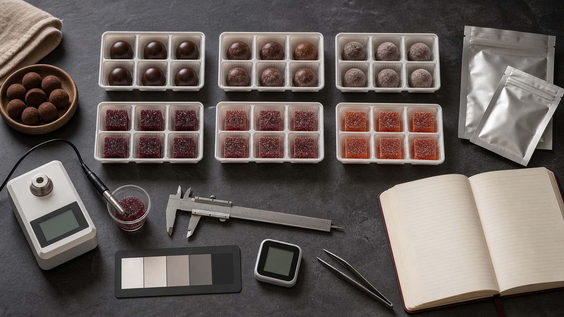 Packaged confectionery retention samples beside a water activity meter and texture tools
