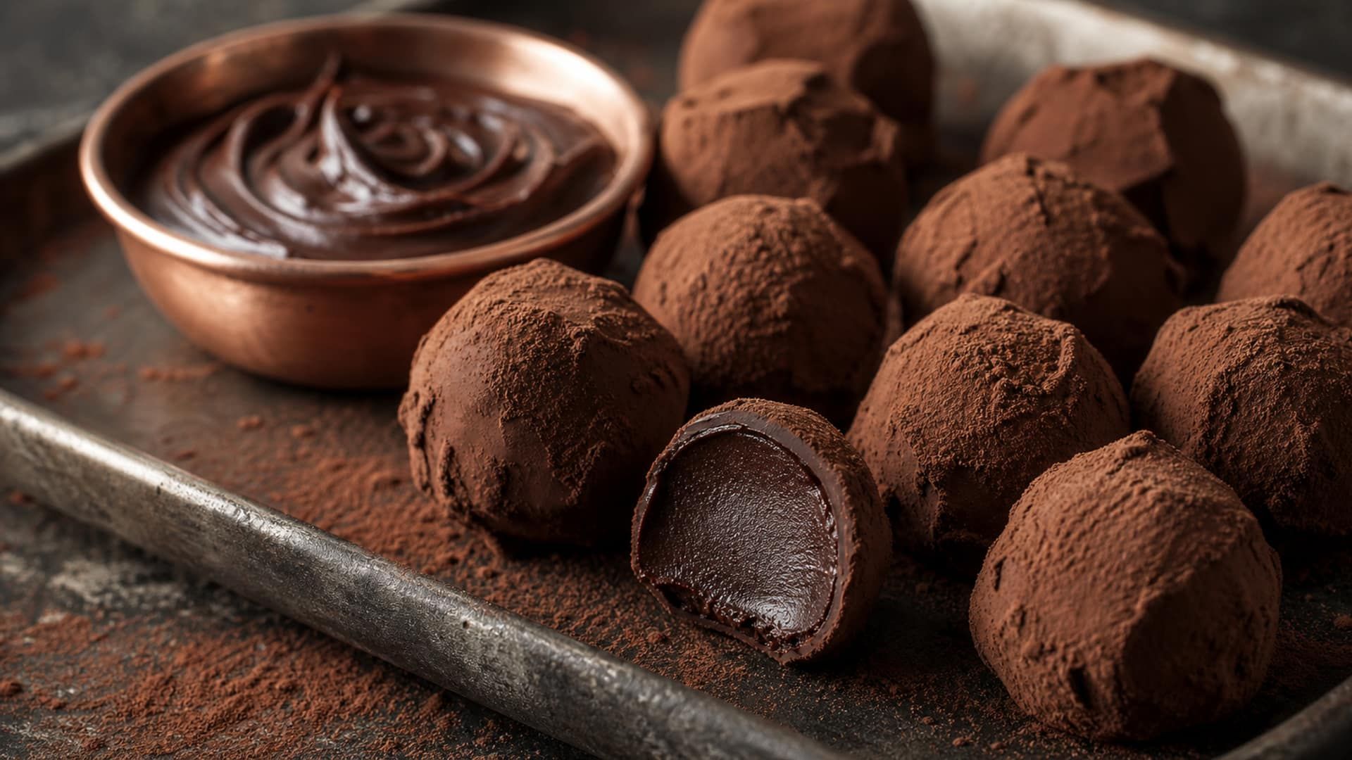 Cocoa-dusted dark chocolate truffles, one broken open to show a smooth ganache centre.
