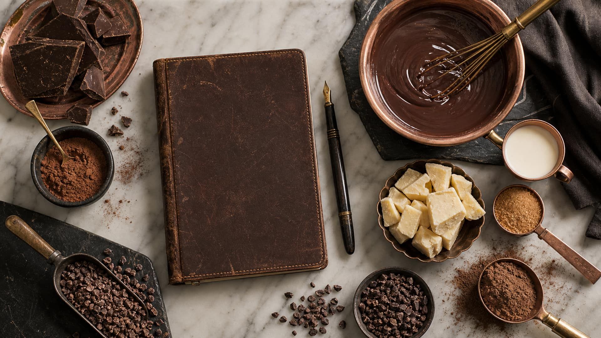 A closed leather recipe notebook and pen beside a copper bowl and ingredients.