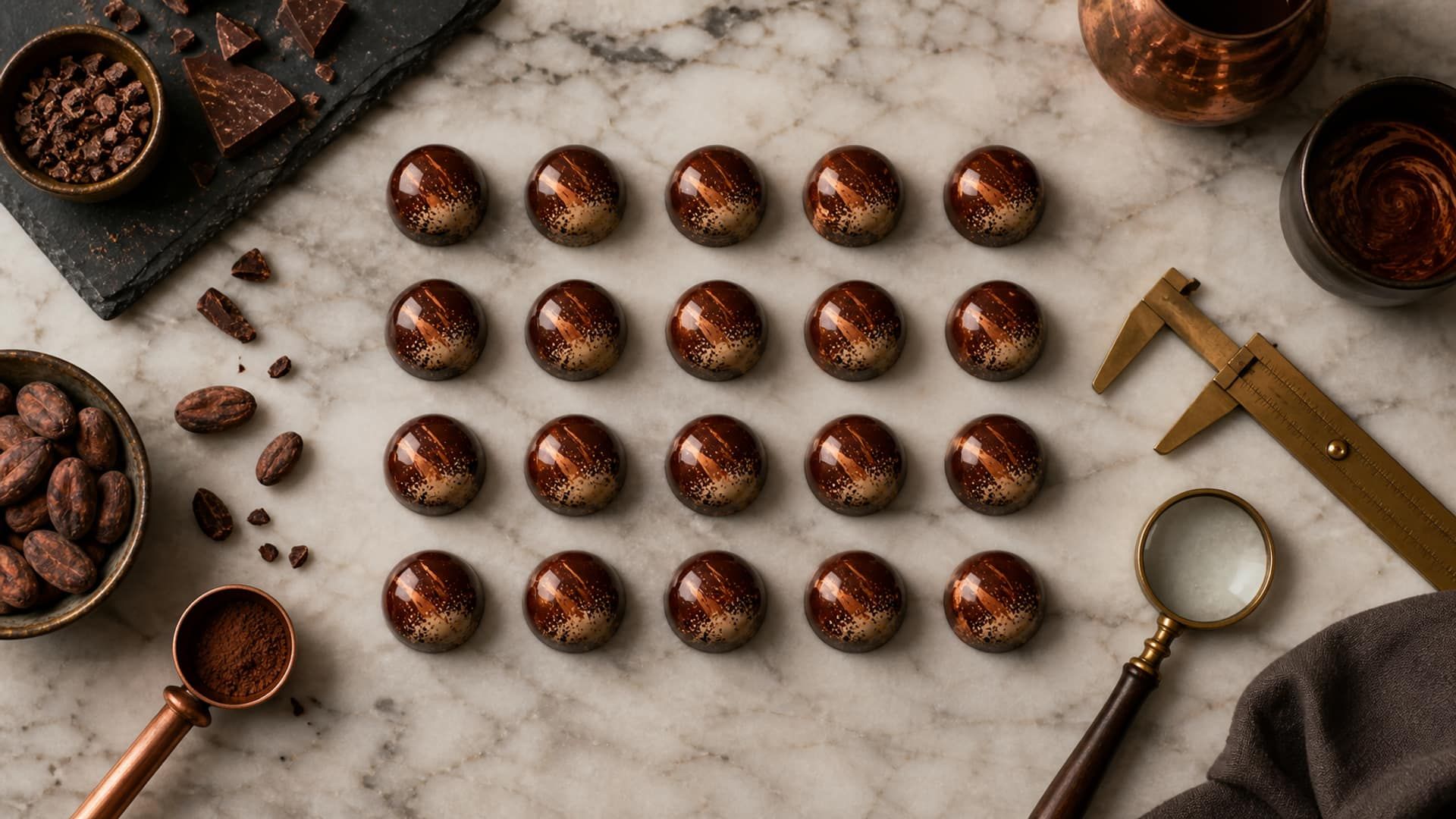 A precise catalog-style grid of identical bonbons with a caliper and magnifier.