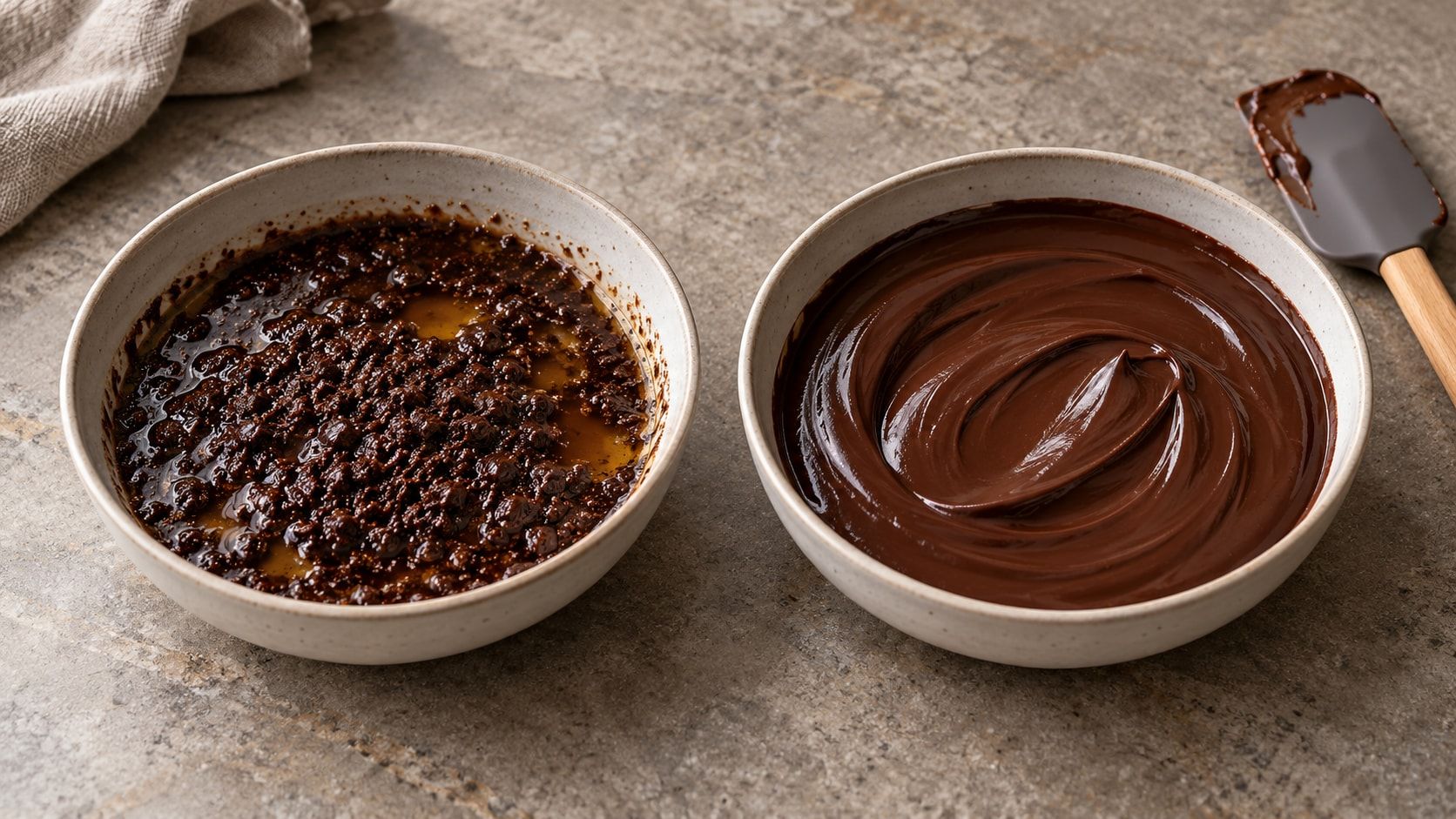 Split dark chocolate ganache with an oily sheen next to a glossy re-emulsified batch