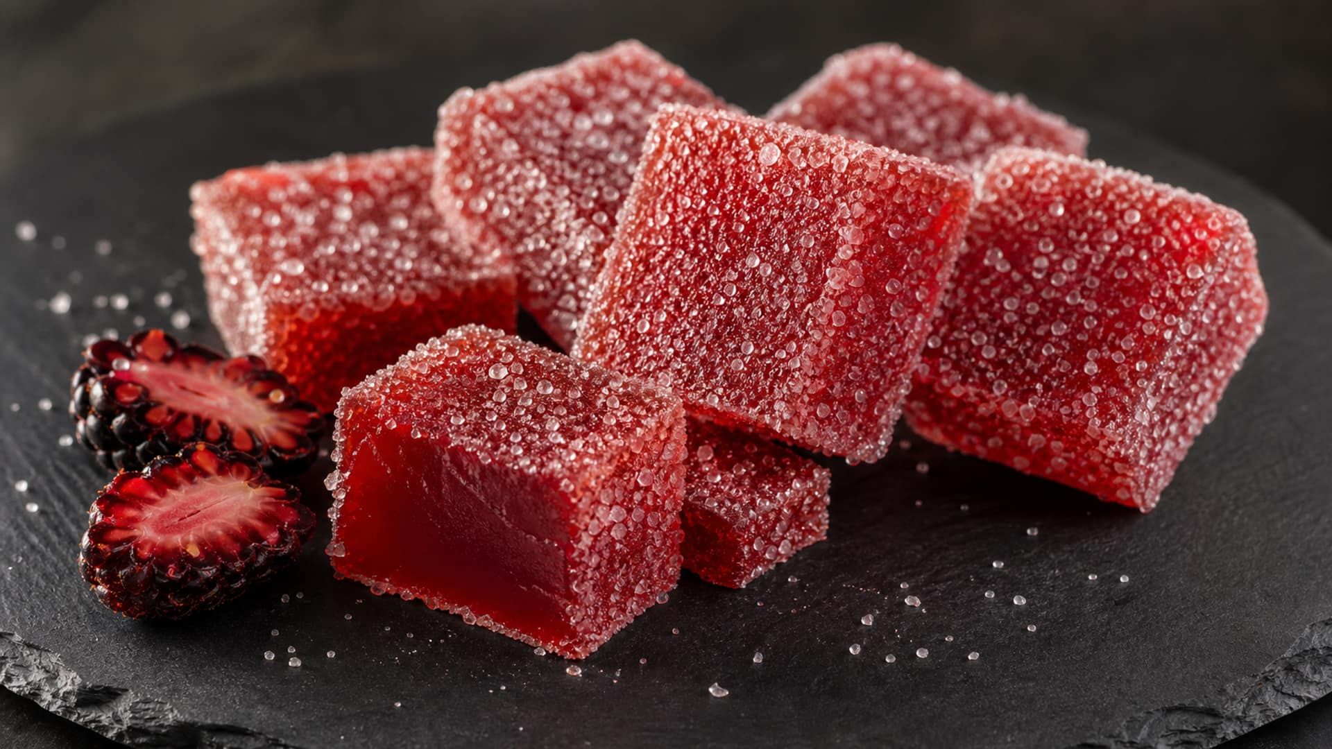 Sugar-coated translucent fruit jelly cubes, one cut to show a clean soft-set gel.