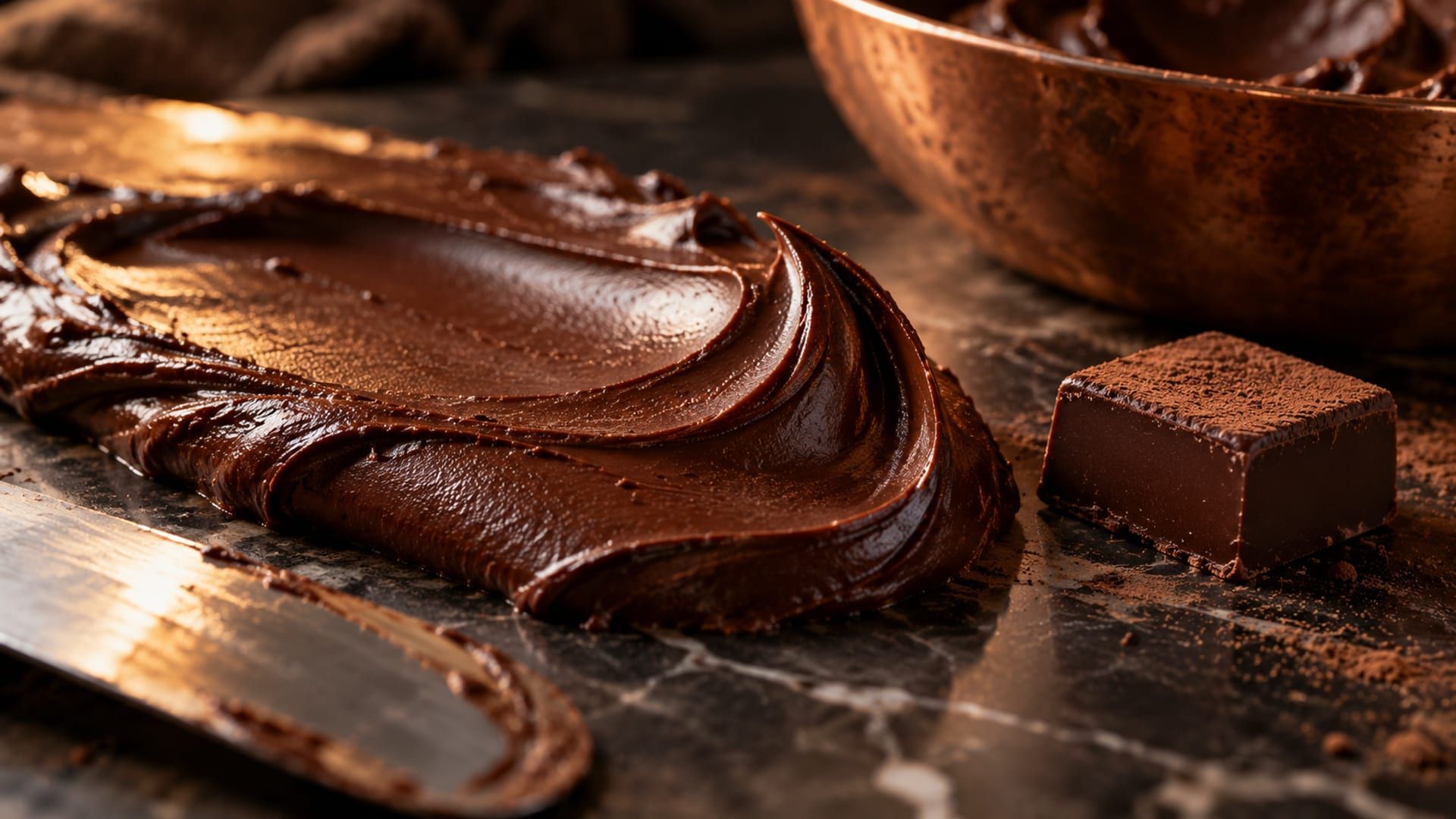 Soft ganache slumping beside a firm chocolate ganache square