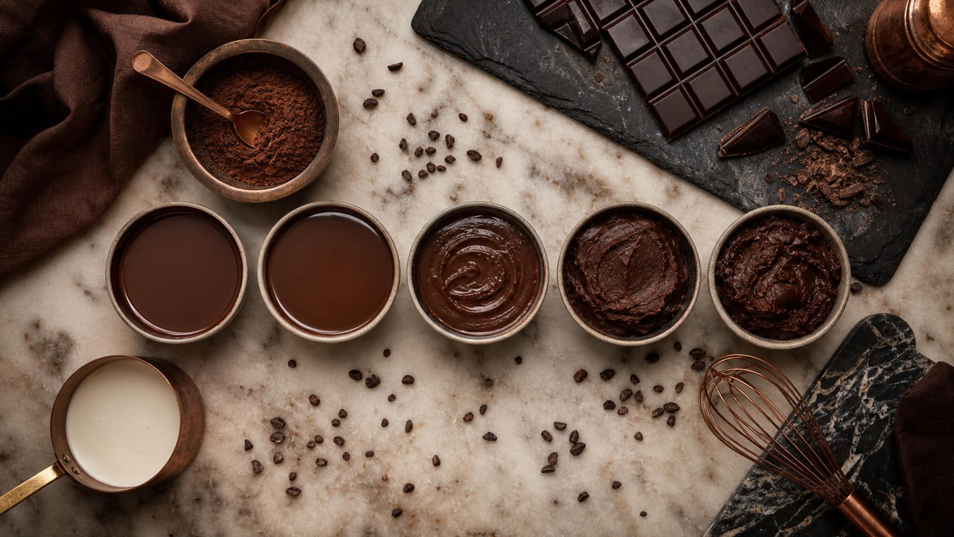 Chocolate ganache at different ratios showing truffle, glaze, and filling textures