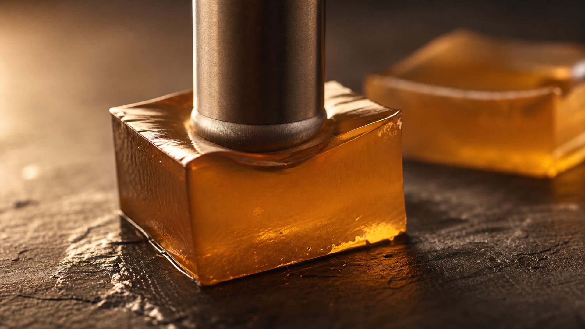 Texture probe compressing an amber gelatin cube to measure gel firmness.