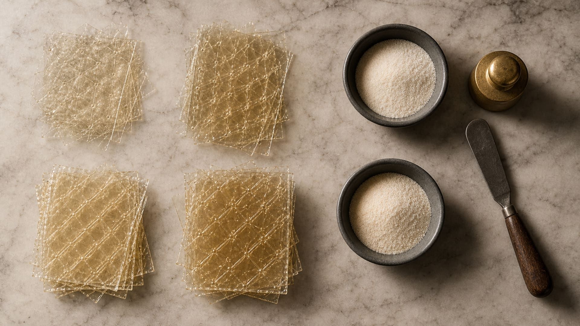 Gelatin leaves of different grades arranged beside ramekins of gelatin powder.