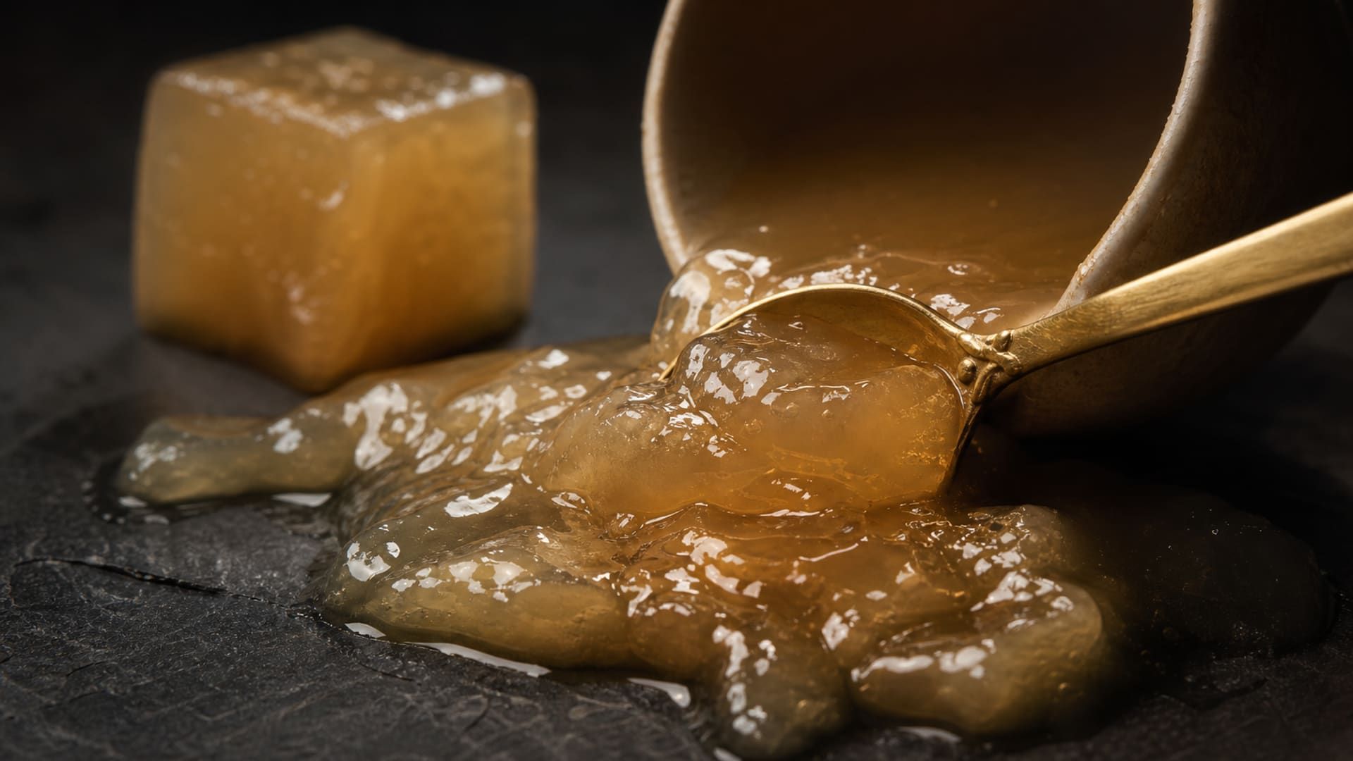 Loose gelatin dessert slumping from a ramekin beside an overly firm gelatin cube.