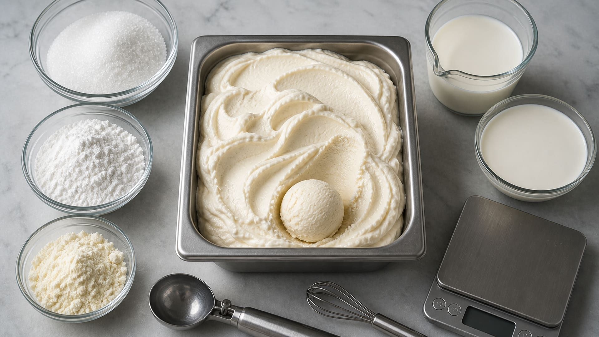 A smooth scoop of fior di latte gelato beside measured portions of sucrose and dextrose.