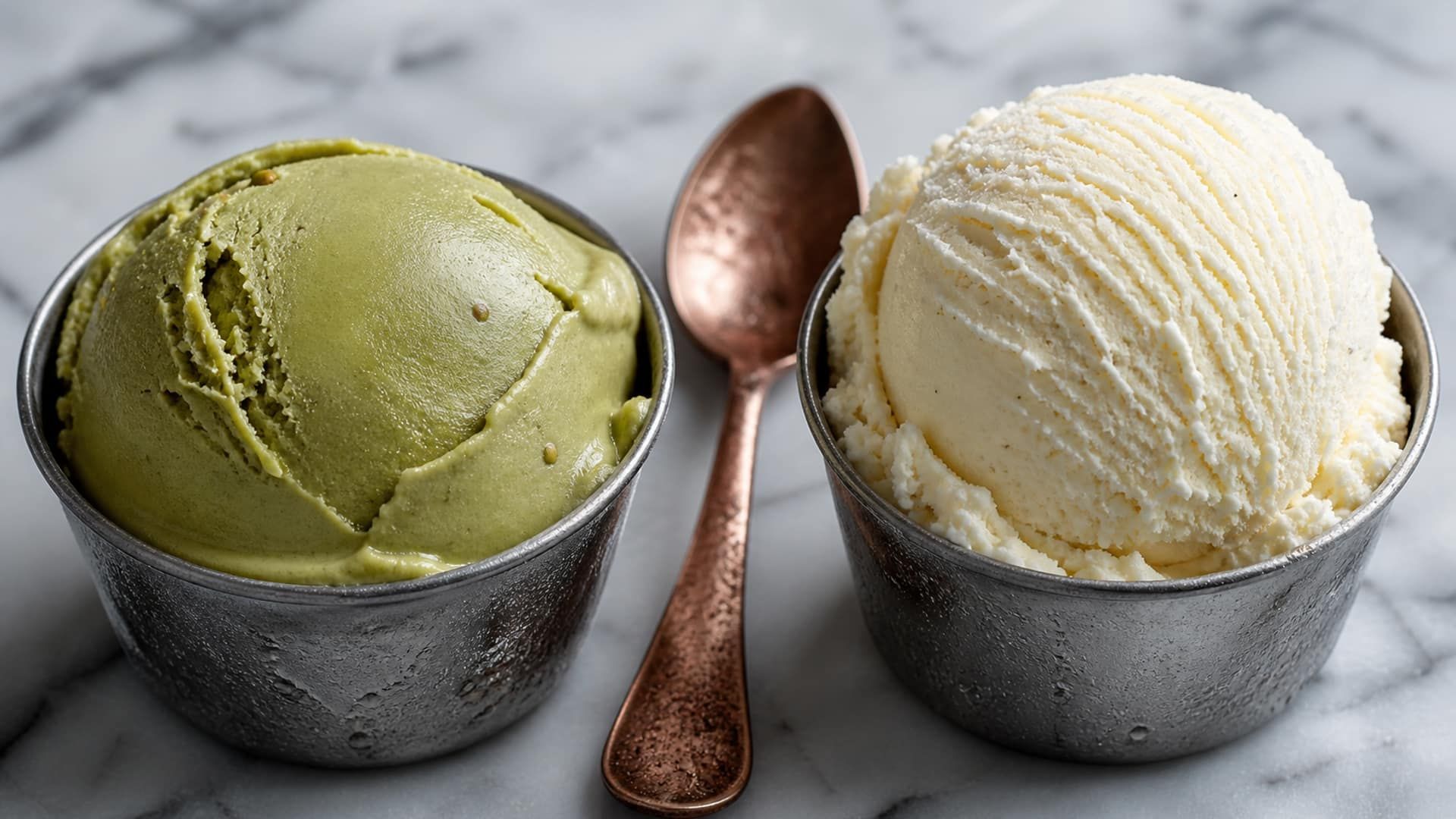 A dense gelato scoop beside a lighter, airier ice cream scoop.