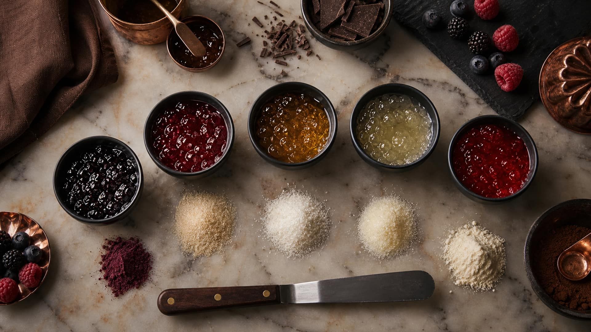 Set jellies in ramekins beside mounds of pectin, agar, and gelatine powder.