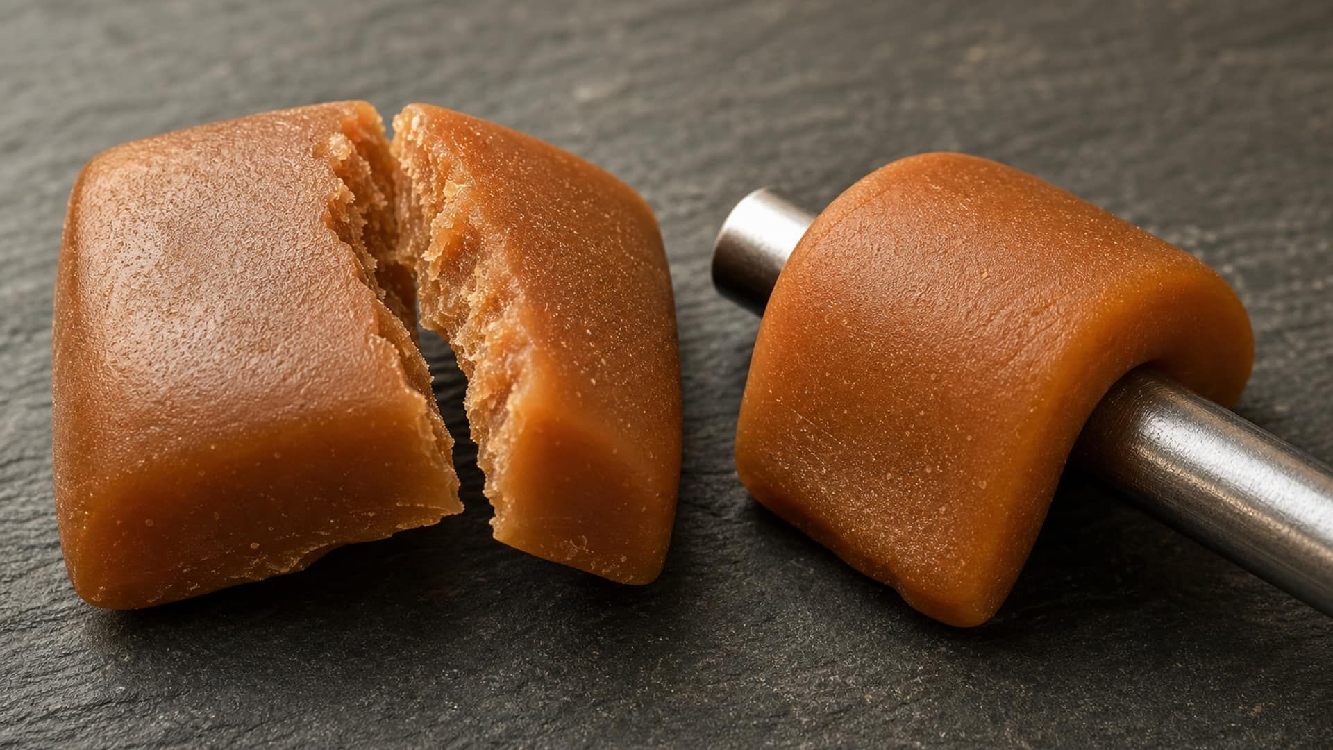 A caramel showing a hard glassy fracture transitioning to a soft pliable edge.