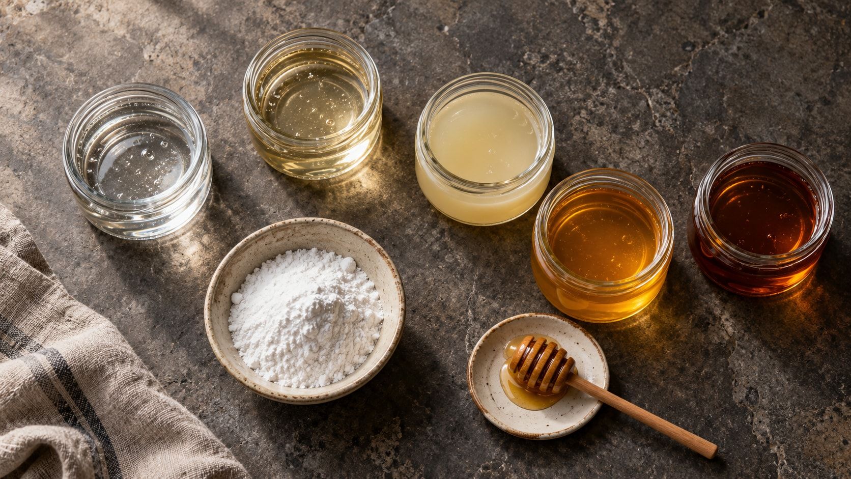 Glucose syrup beside jars of corn syrup, invert sugar, honey and golden syrup and a bowl of glucose powder.