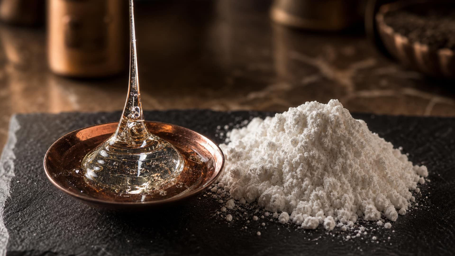 A glossy glucose syrup thread beside a matte mound of glucose powder.