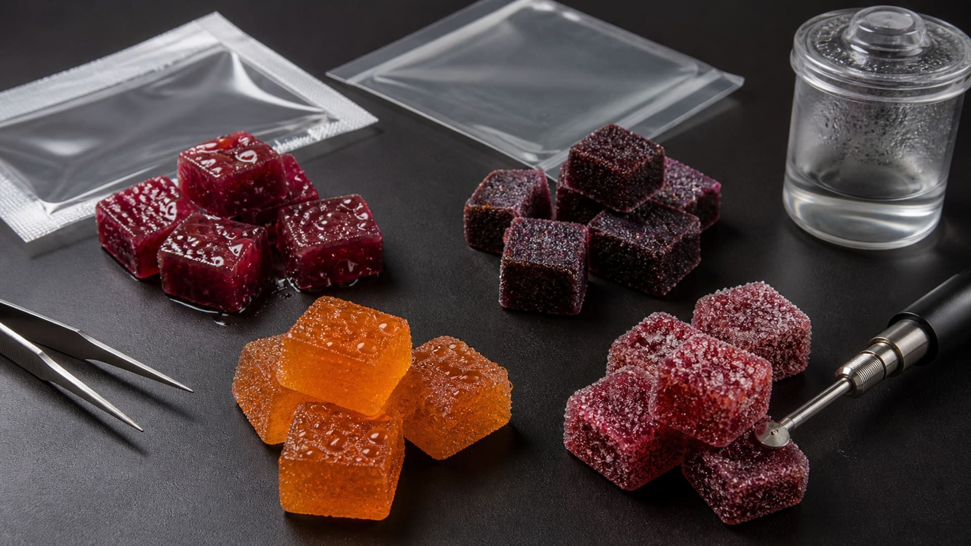 Close-up comparison of sticky, hardened, sweating, and crystallized gummy defects