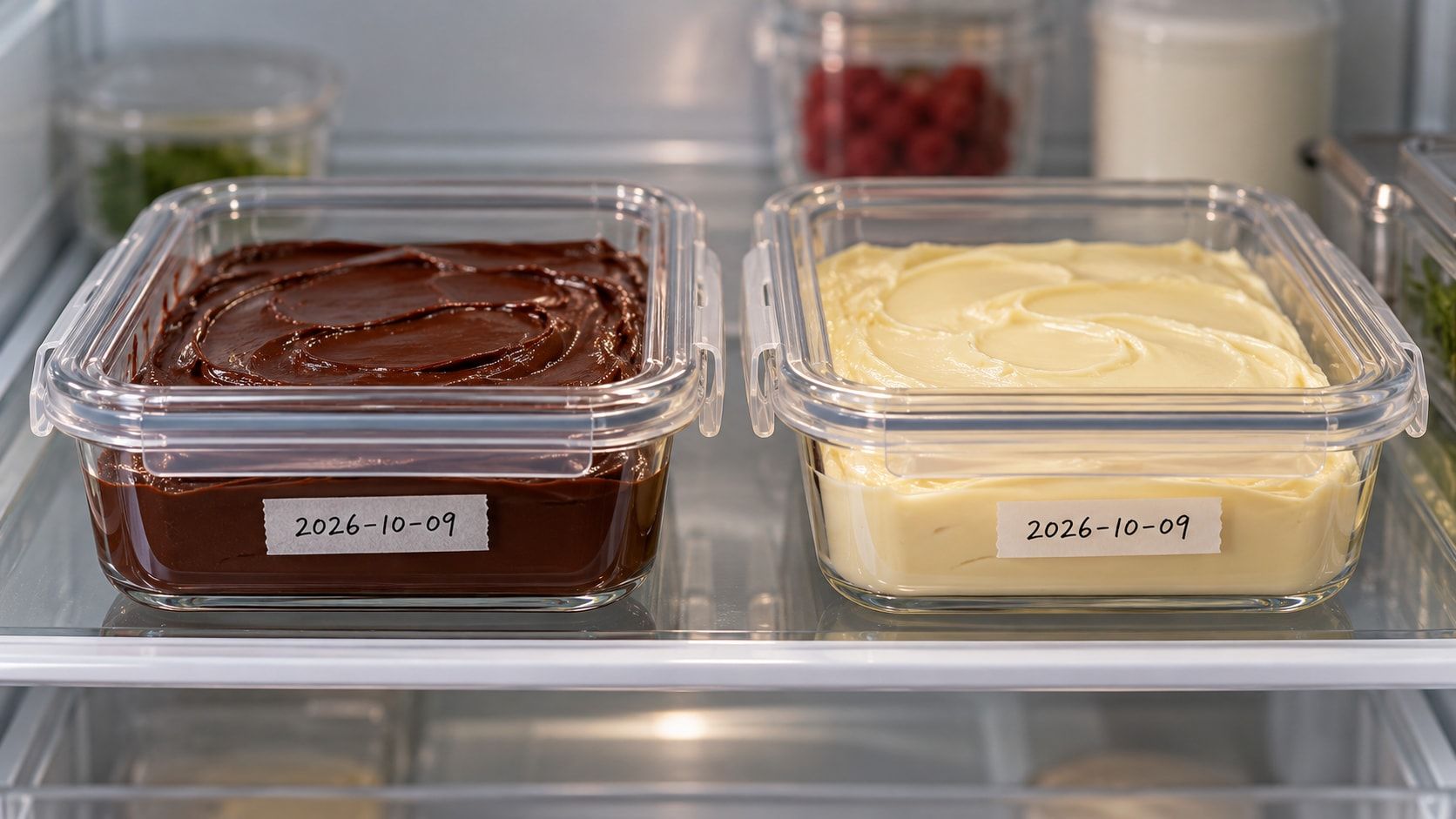 Covered containers of dark and white chocolate ganache labelled with the date they were made
