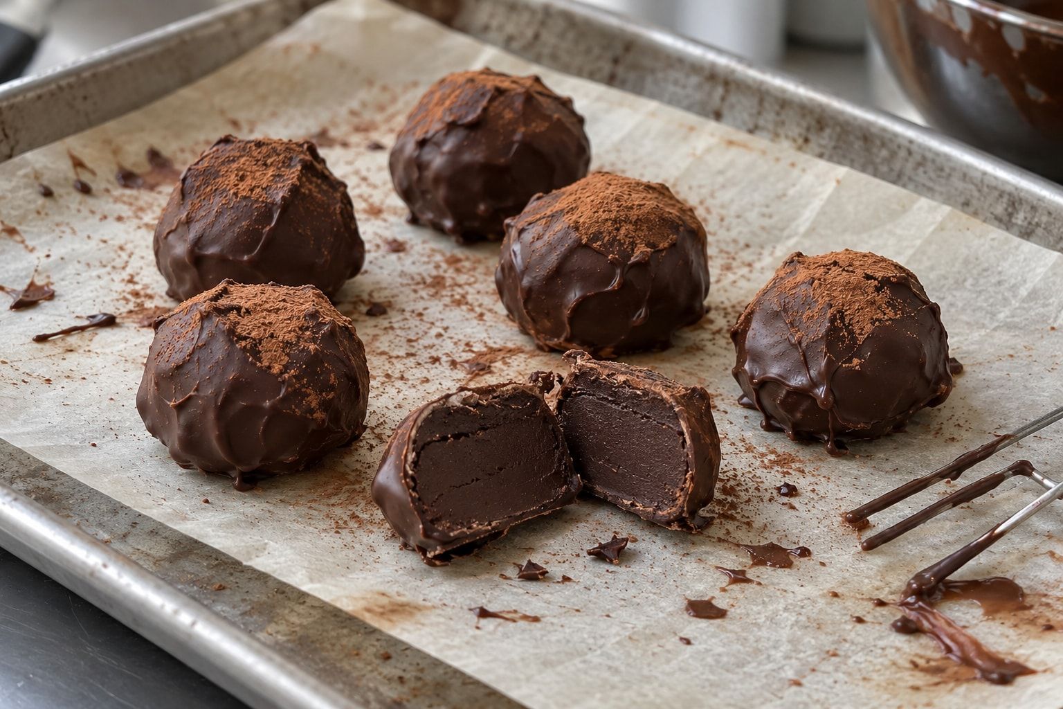 Hand-rolled dark chocolate truffles with lightly cocoa-dusted, uneven shells on parchment; a halved truffle shows the thin coating and dense ganache centre