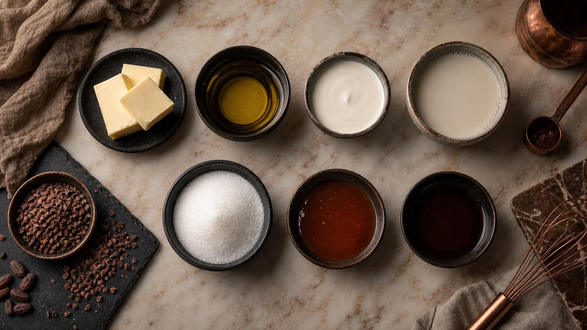 Paired ingredient swaps arranged as neat couples — butter and oil, cream and plant milk.