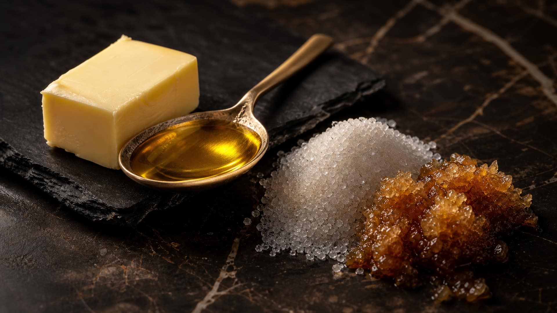 Paired ingredient swaps in macro — butter beside oil, sugar beside a sweetener.