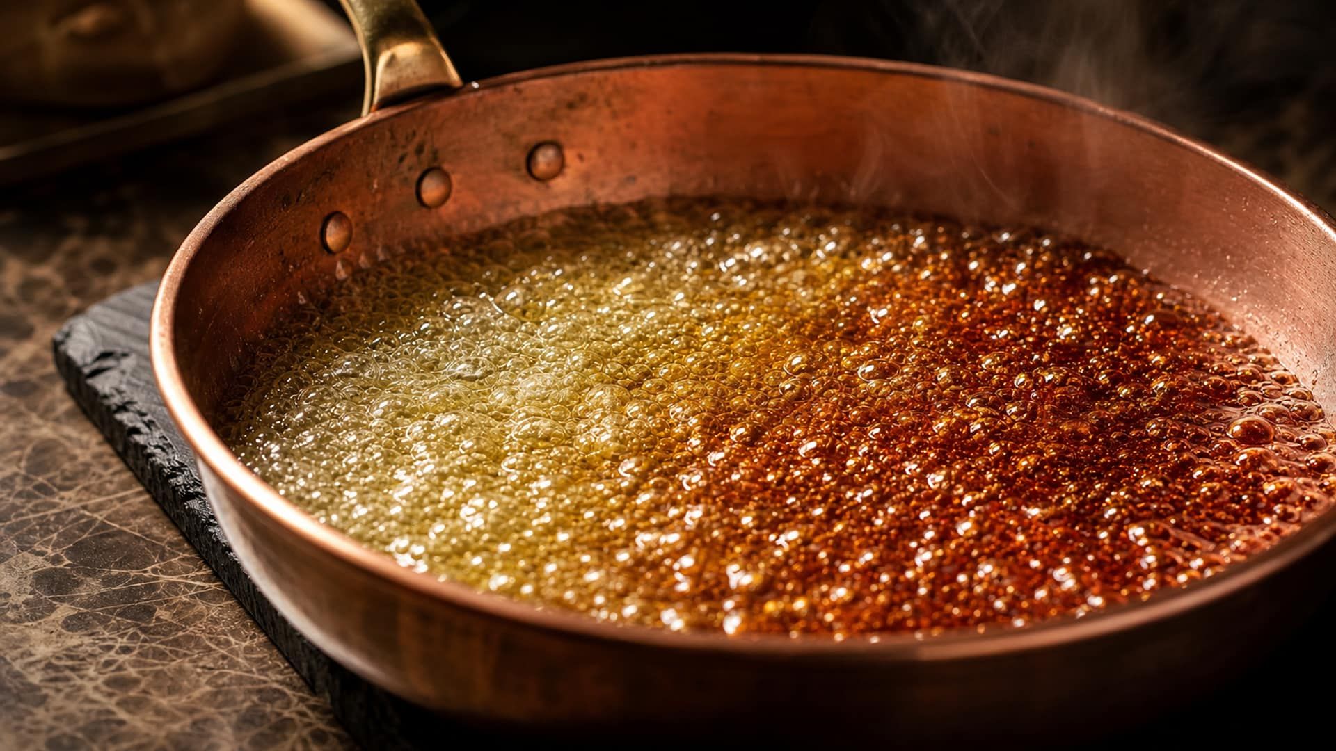 Sugar cooking in a copper pan across a gradient from pale gold to deep amber.