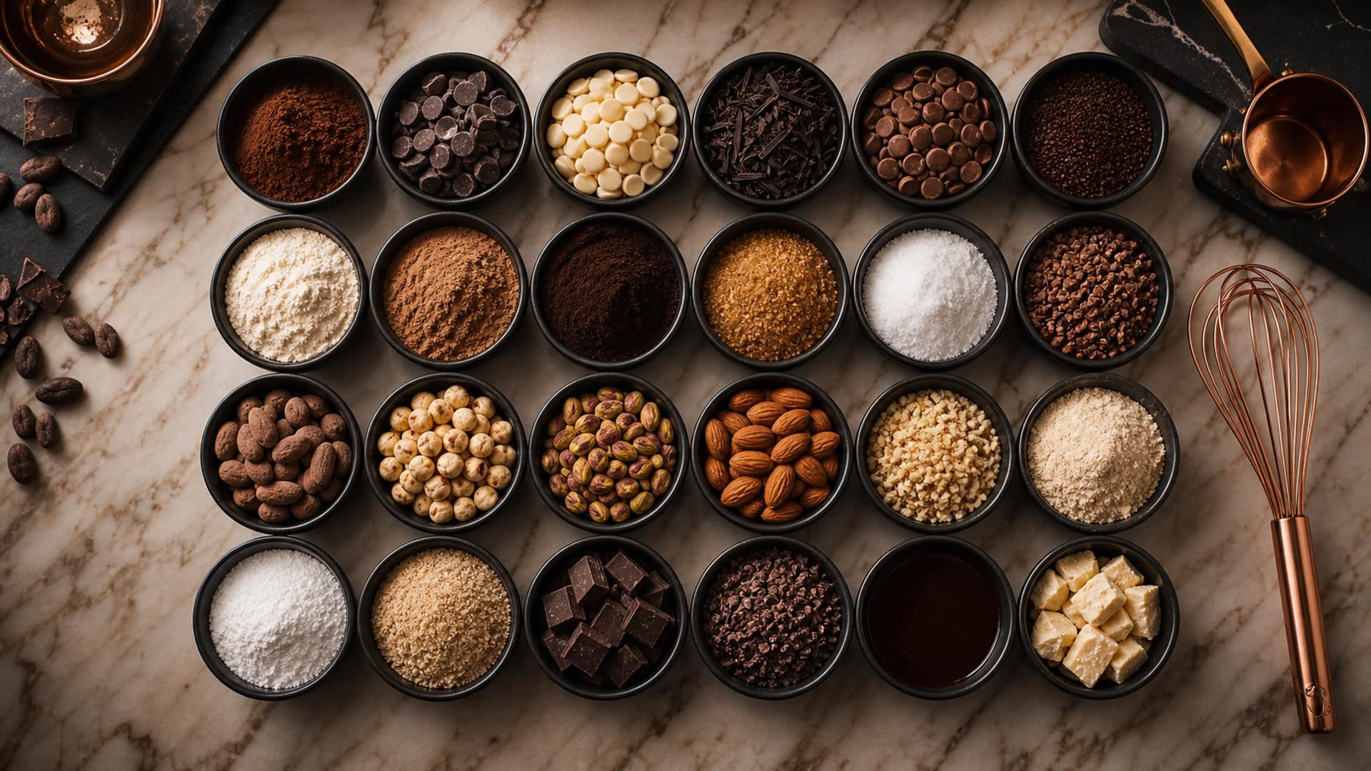 An organized grid of small bowls holding different confectionery ingredients.