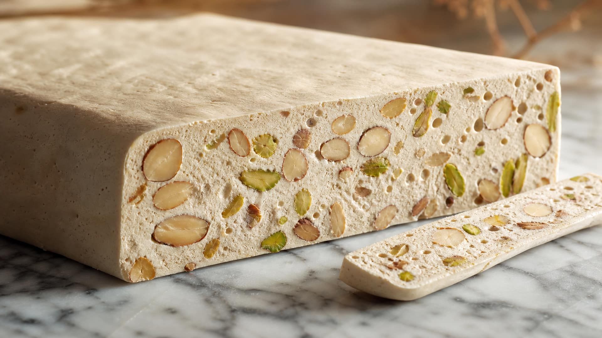 A cut nougat cross-section showing an aerated crumb with whole nuts.