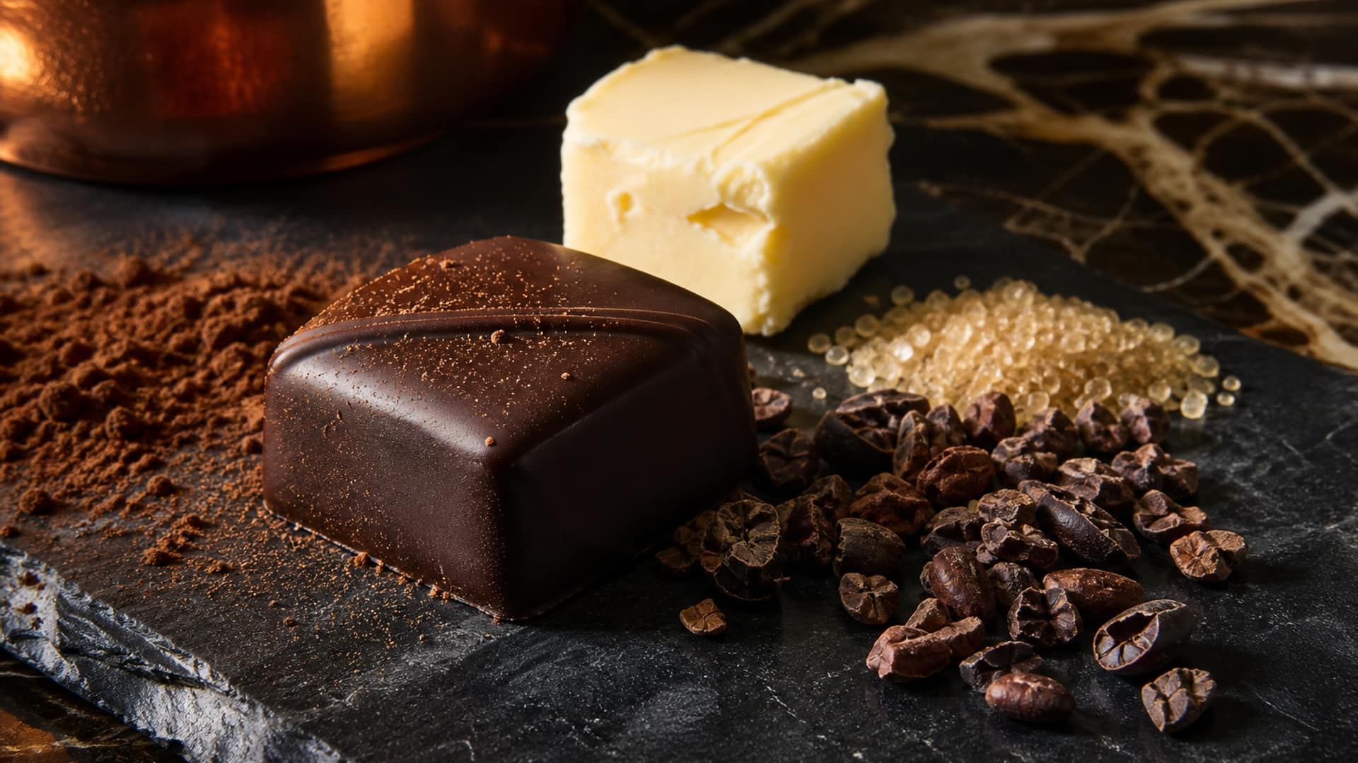 A dark chocolate bonbon beside its raw components — cocoa nibs, sugar, and butter.