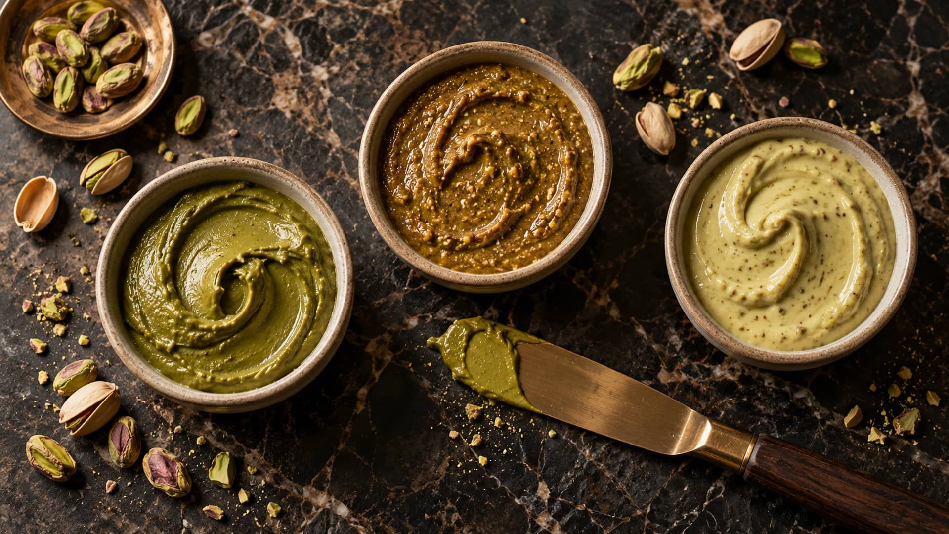 Ramekins of pistachio paste, praline and sweet cream beside shelled pistachios