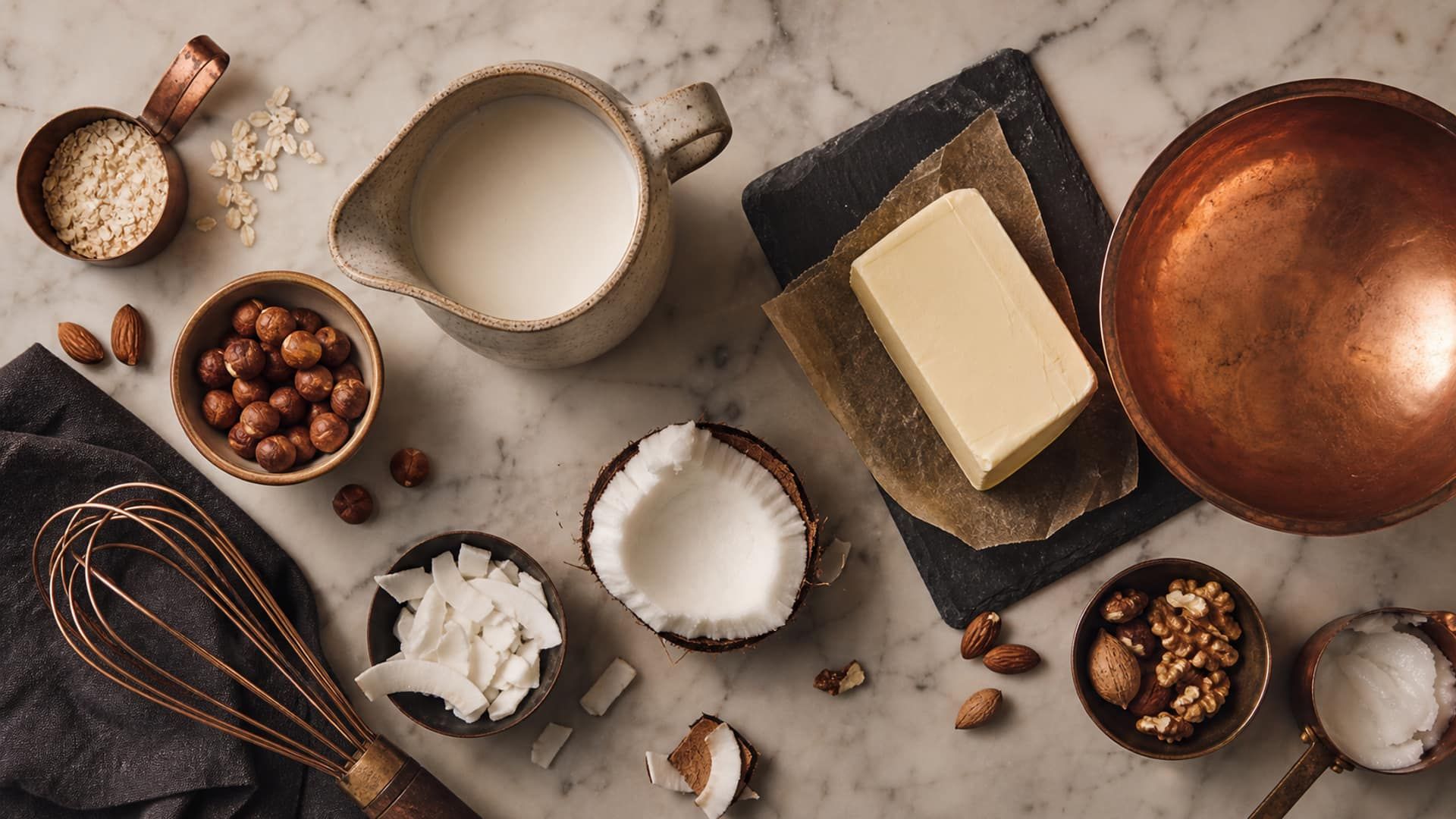 Plant milk and plant butter arranged with coconut, nuts, and a copper bowl.
