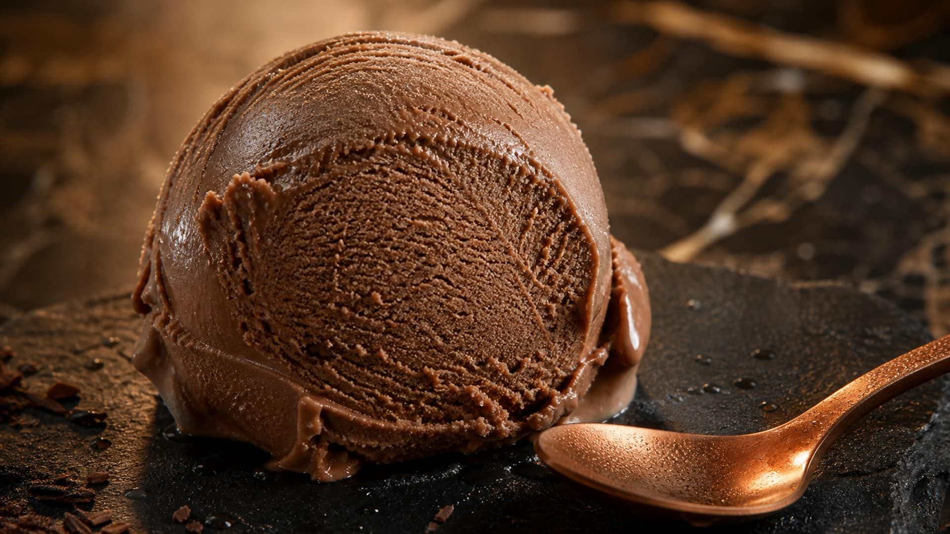A clean ice cream scoop showing a fine, smooth ice-crystal texture.