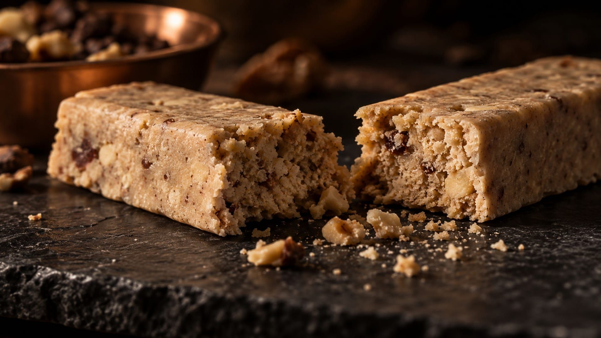 Broken protein bar pieces showing a dense interior and firm fracture edges