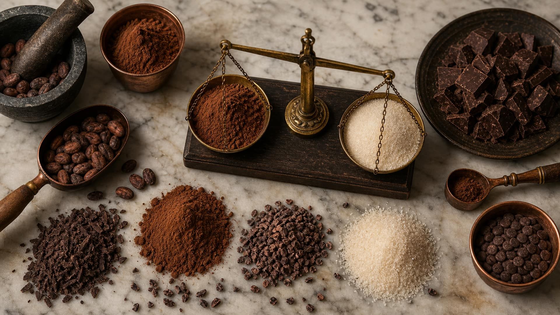 A brass balance scale weighing cocoa and sugar among neat mounds of ingredients.