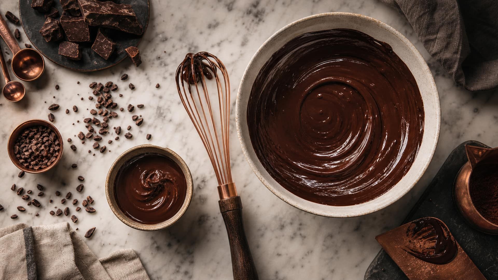 A tiny test bowl of ganache beside a large mixing bowl of the same ganache.