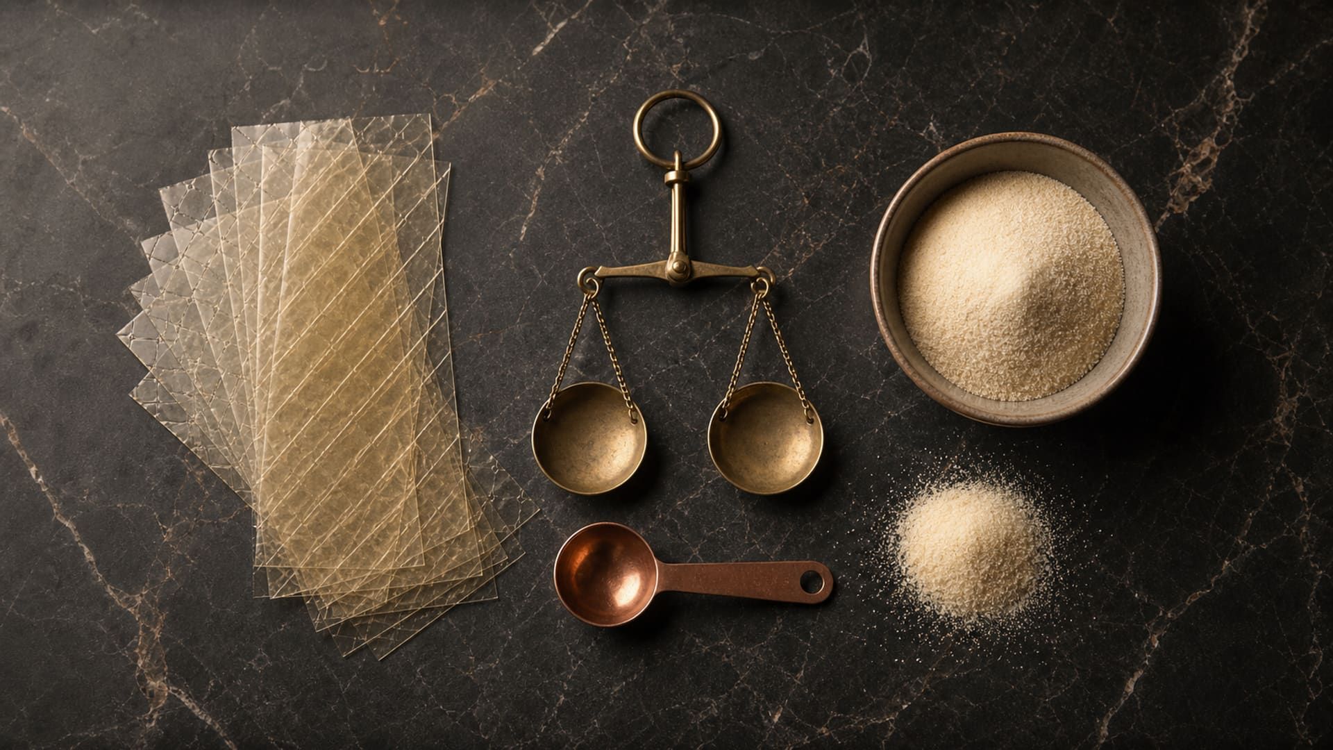 Gelatin leaves and powder arranged side by side with an unmarked balance.