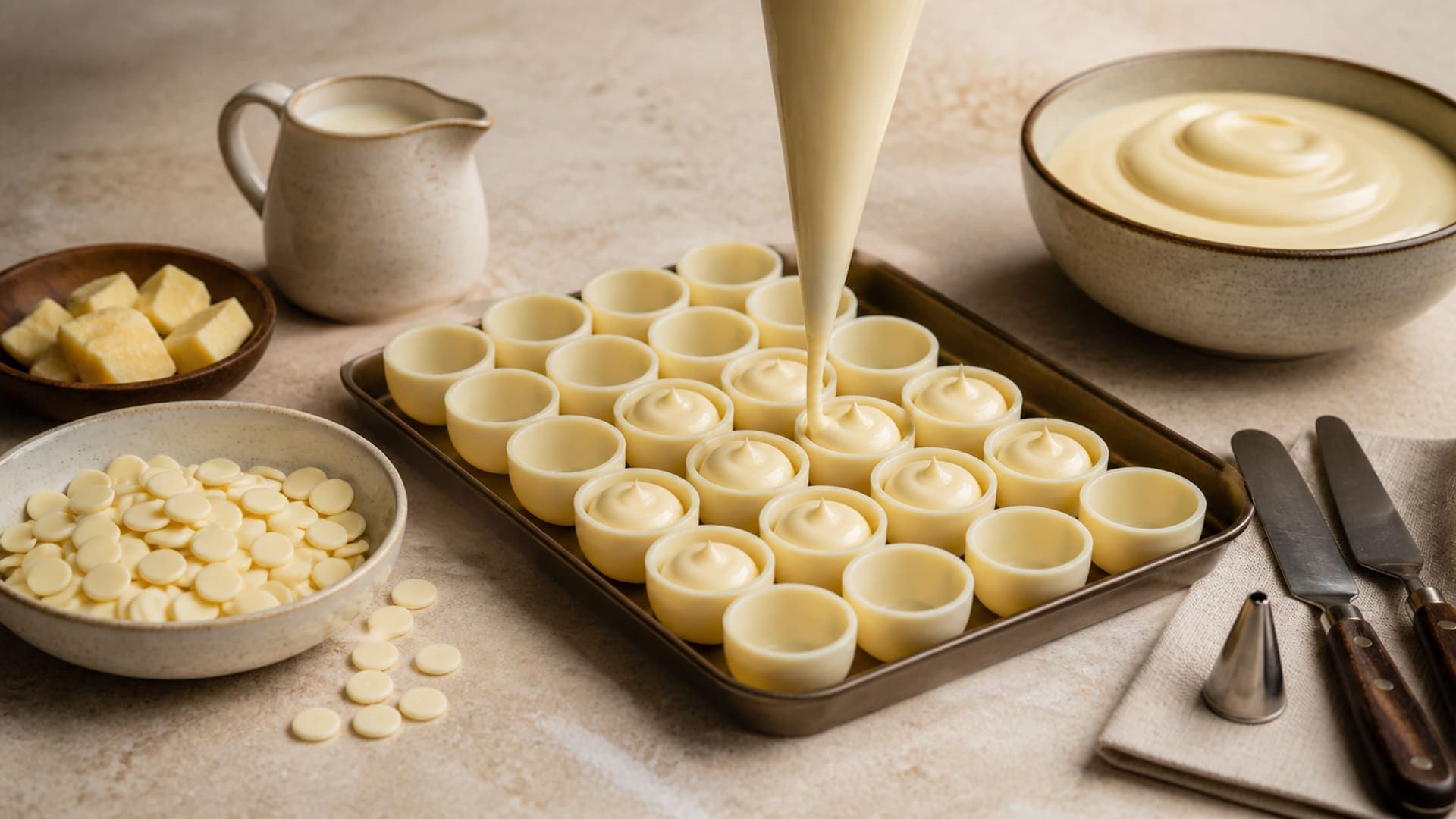 Smooth white chocolate ganache being piped into moulded bonbon shells