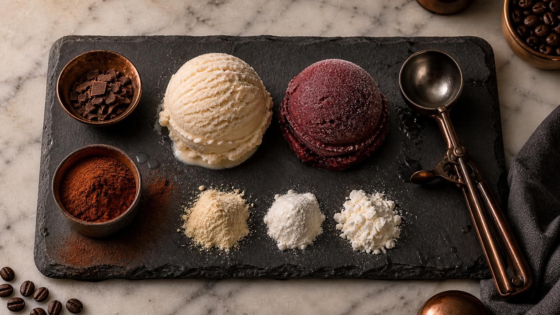 An ice cream scoop and a sorbet scoop beside mounds of stabilizer powder.