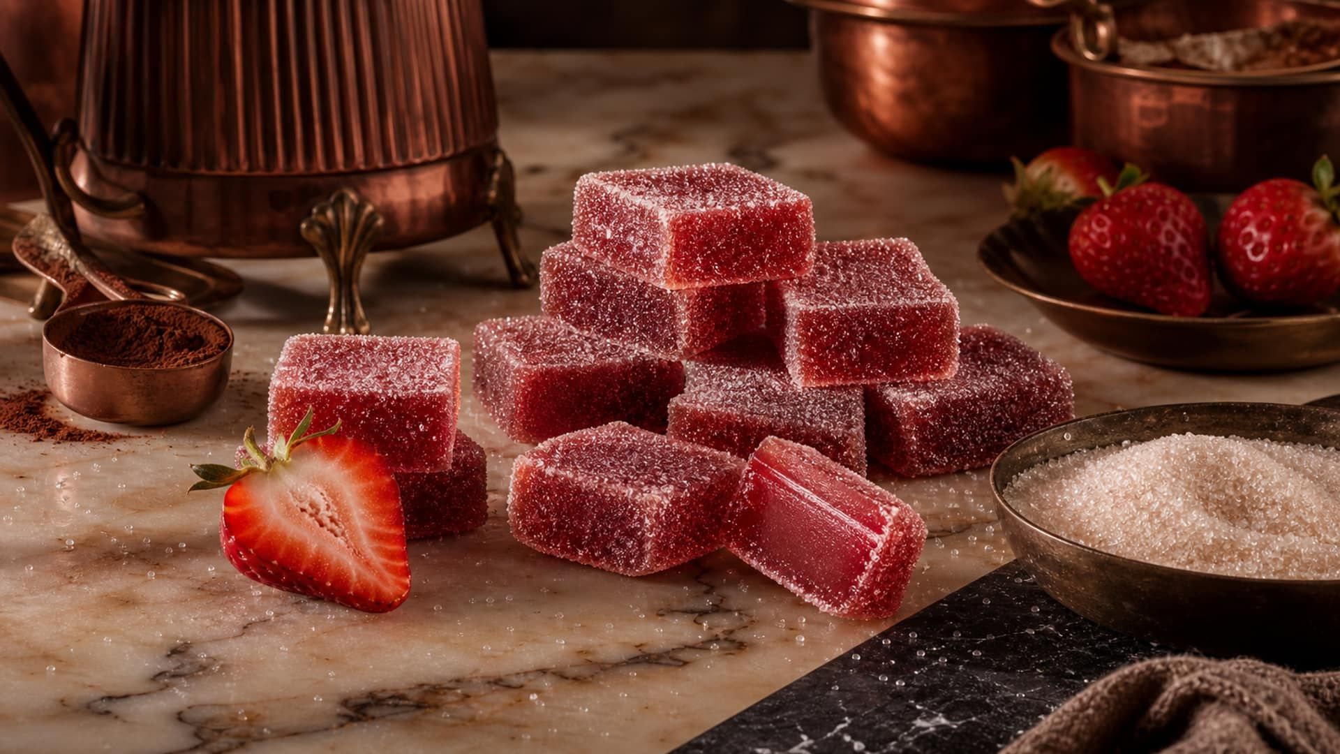 Sugar-coated strawberry pâte de fruit squares, one cut to reveal a translucent gel.
