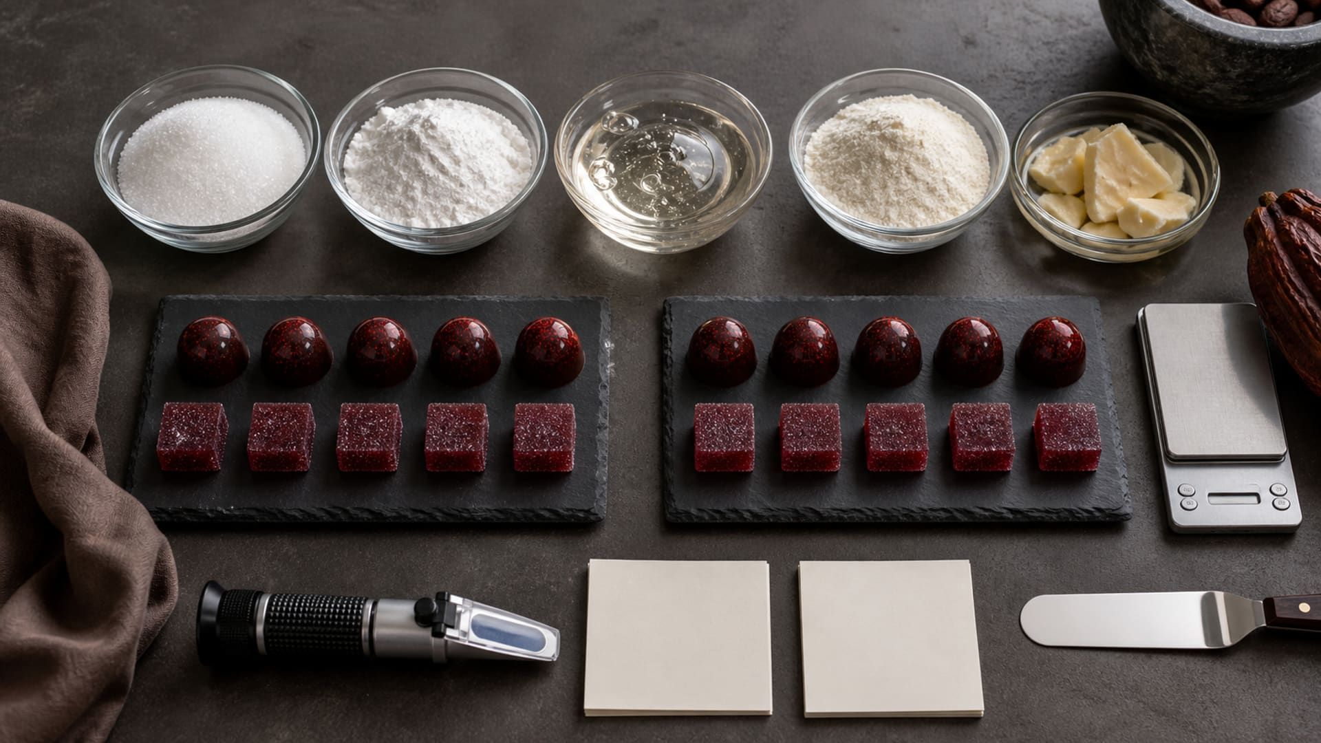 Measured sugar and alternative solids arranged beside matched confectionery samples