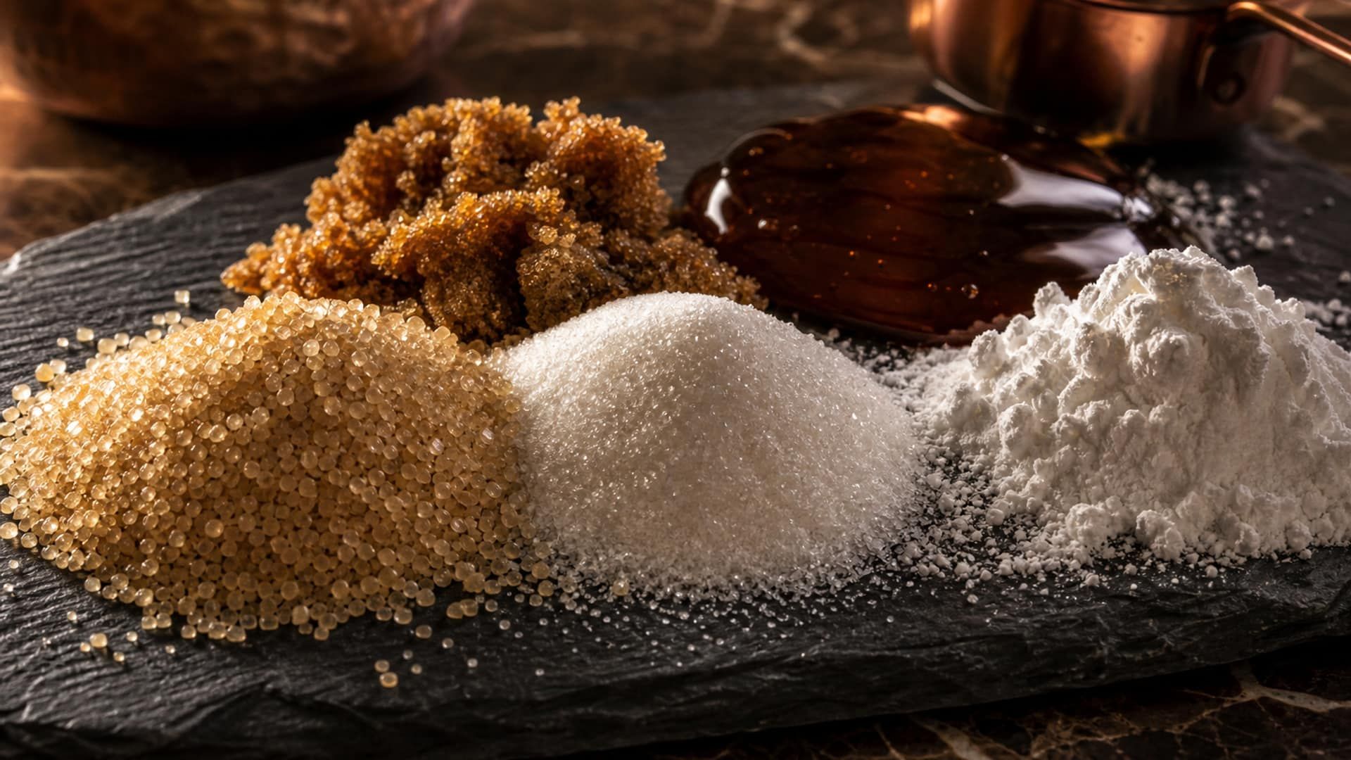 Mounds of different sugars — coarse crystals, fine caster, syrup, and powder.